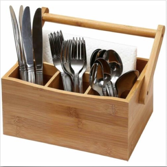 Bamboo Flatware Wooden Caddy Holder Organizer Tote - Picture 3 of 3